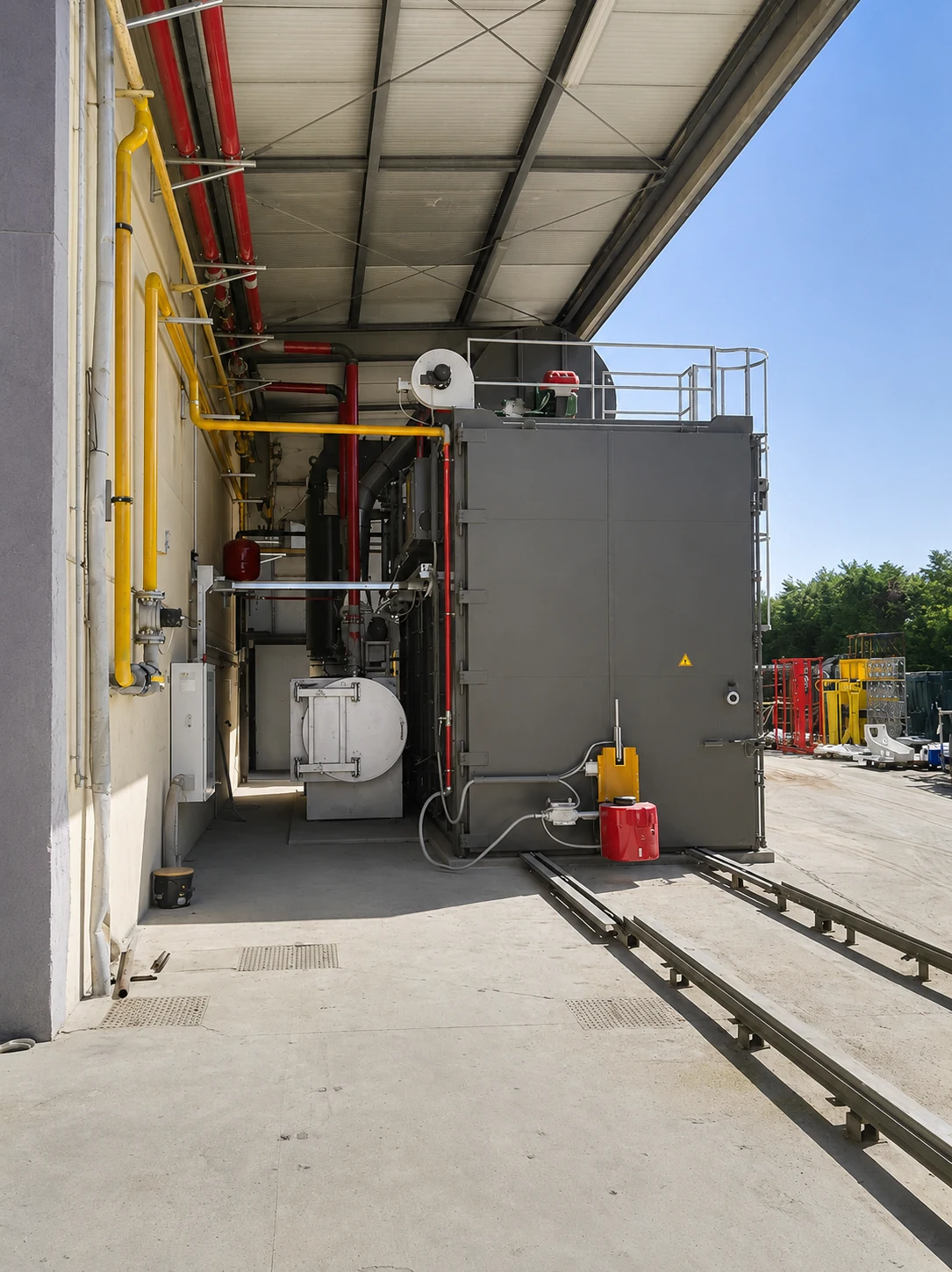 Vue arrière d'un four industriel à chambre avec combustion et équipements techniques